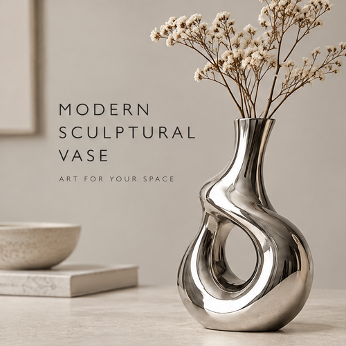 Mirror silver sculptural hollow vase with dried baby's breath displayed on a marble table beside a ceramic bowl and framed art