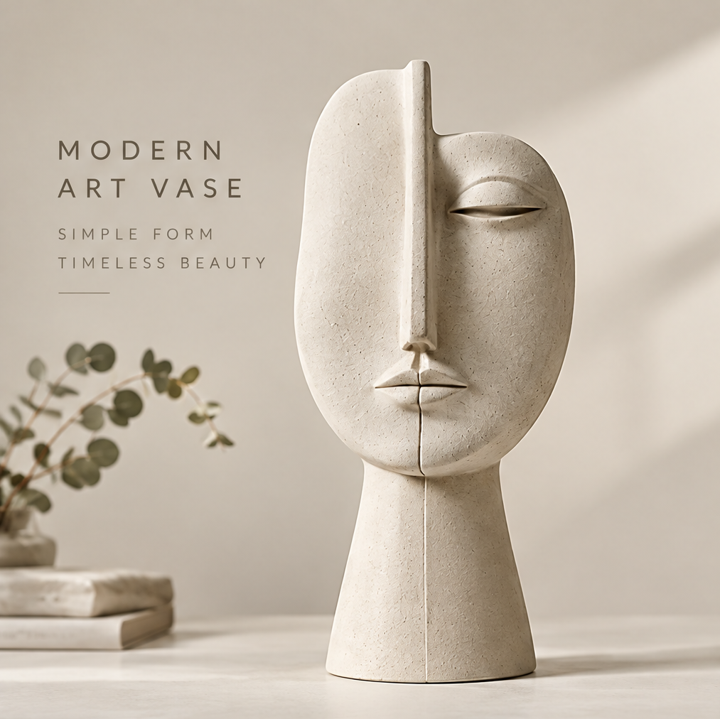 Side view of the abstract face ceramic vase showing elongated sculptural profile and sculptural design from every angle
