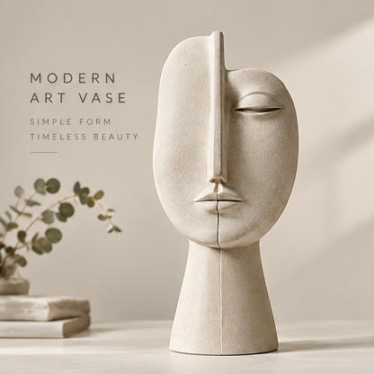 Side view of the abstract face ceramic vase showing elongated sculptural profile and sculptural design from every angle
