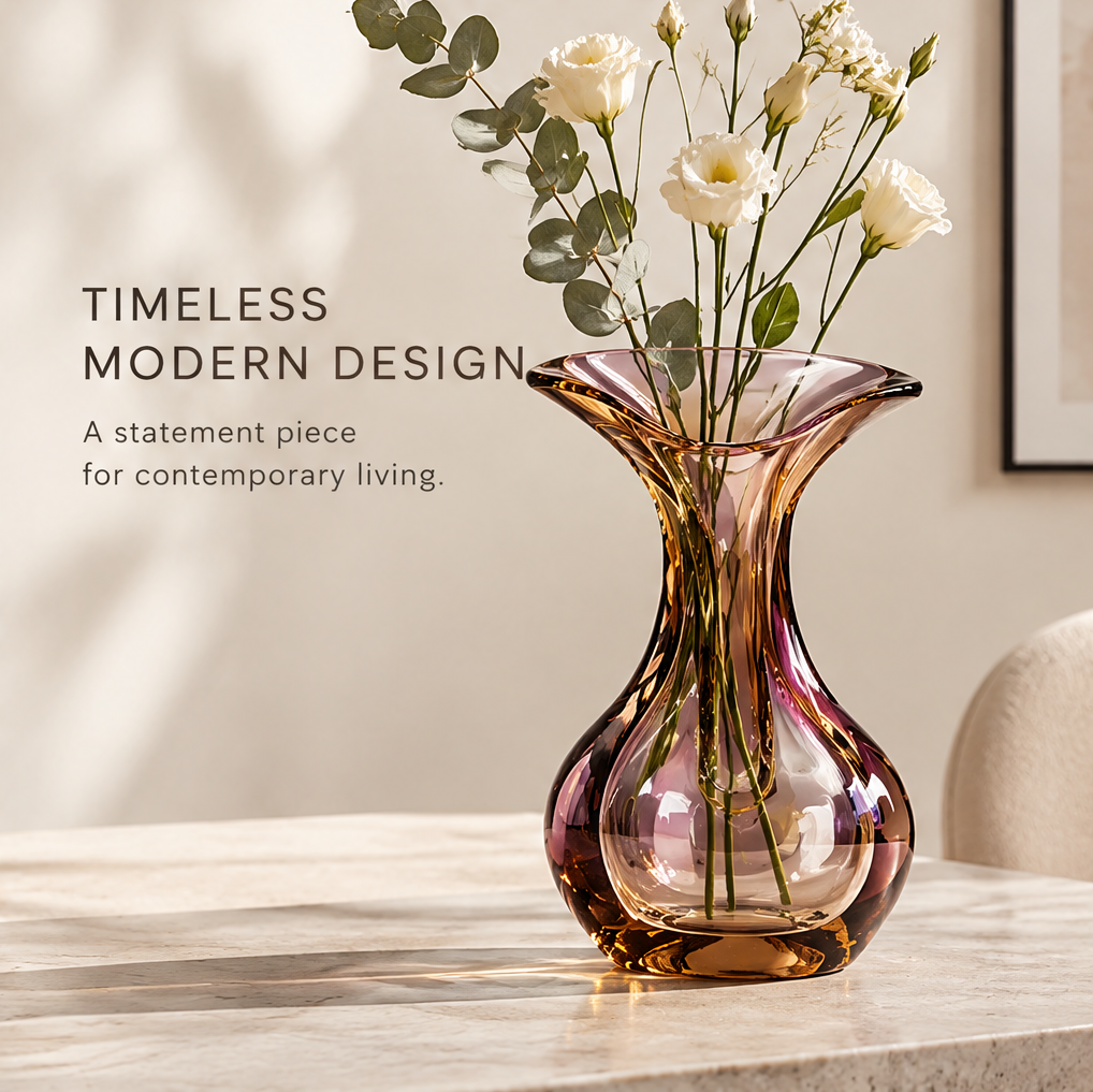 Elegant flared mouth close-up of amber violet handcrafted glass vase showing graceful lines adding sophistication to any space