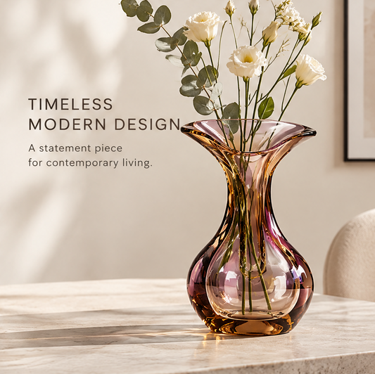 Elegant flared mouth close-up of amber violet handcrafted glass vase showing graceful lines adding sophistication to any space