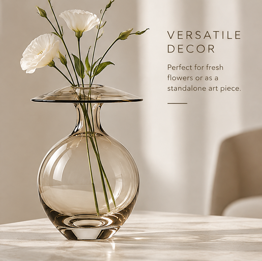 Sculptural beauty full view of the smoky amber glass orb vase with flat disc top showing modern statement piece for any space