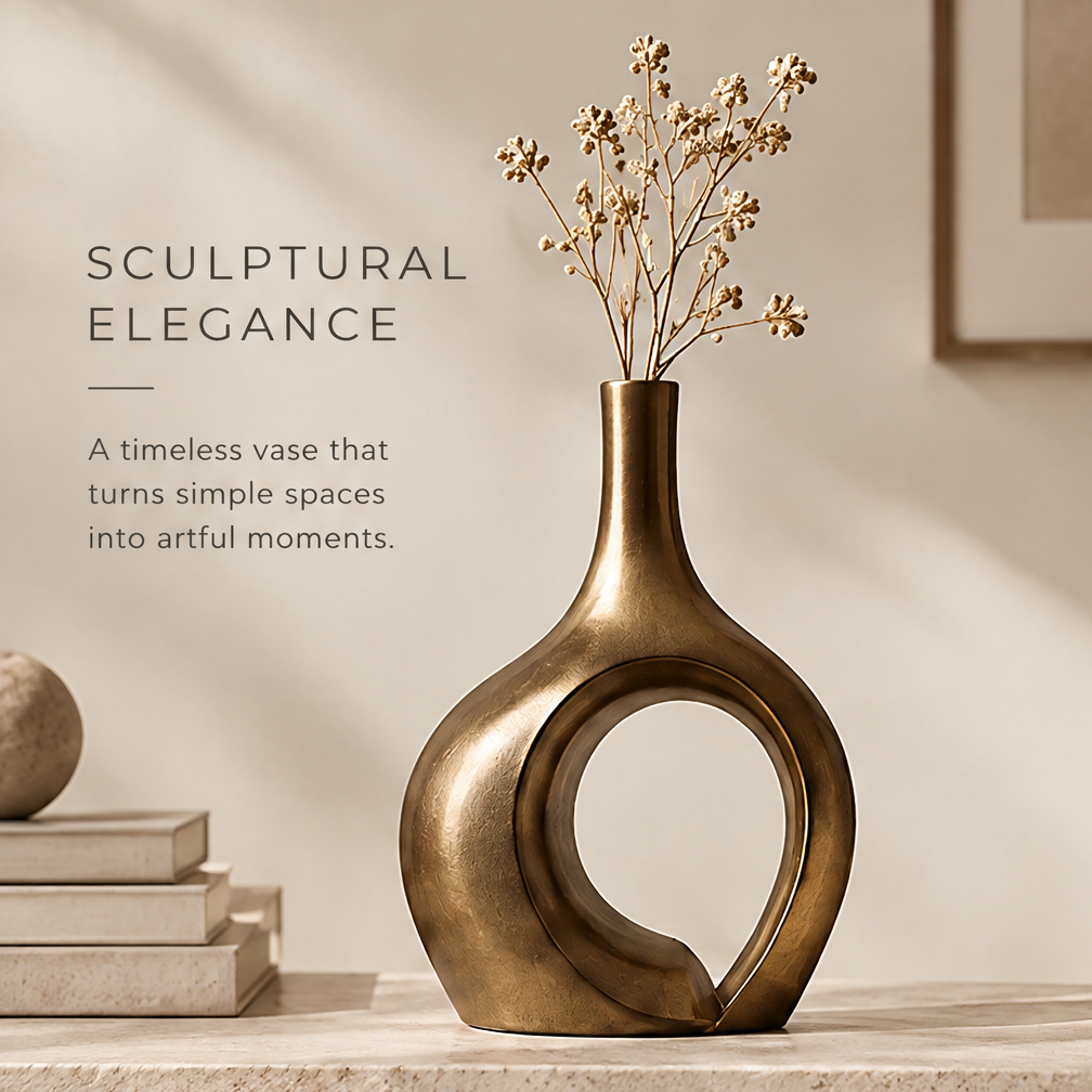 Champagne gold sculptural hollow vase with dried flowers displayed on a console table beside stacked books and decor