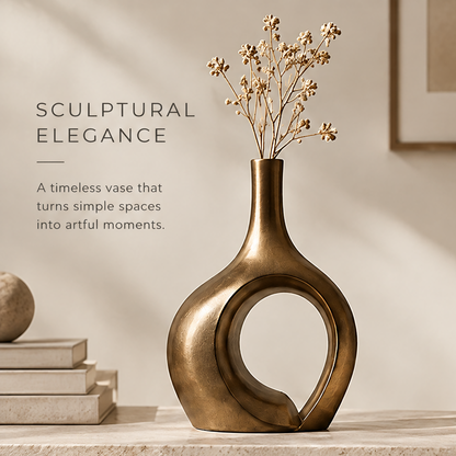 Champagne gold sculptural hollow vase with dried flowers displayed on a console table beside stacked books and decor