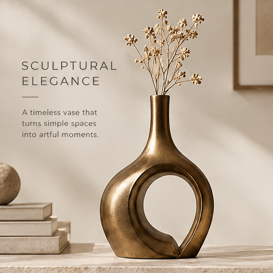 Champagne gold sculptural hollow vase with dried flowers displayed on a console table beside stacked books and decor