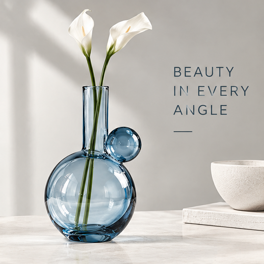 Size reference view of ocean blue glass orb sphere vase showing dimensions 30 cm tall by 22 cm wide on neutral background