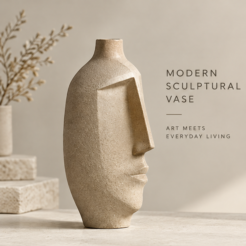 Premium craftsmanship close-up of the sandy beige face vase showing high-quality ceramic, matte finish texture, and durable and long-lasting icons