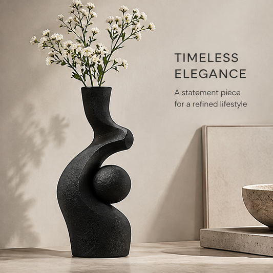 Modern minimalist decor view of the black sculptural orb vase as a striking accent for living rooms and offices
