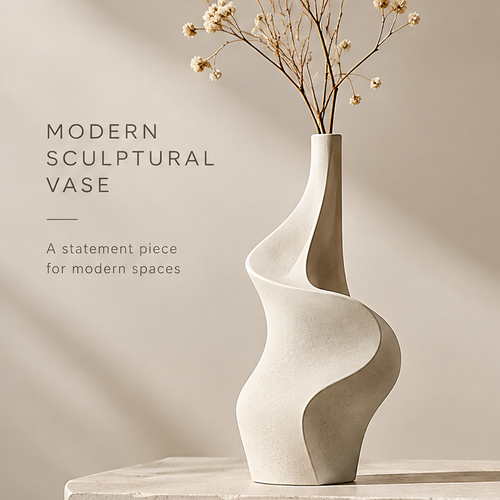 Sculptural beauty full product view of matte white wave vase showing unique sculptural form, premium ceramic, durable and long lasting icons
