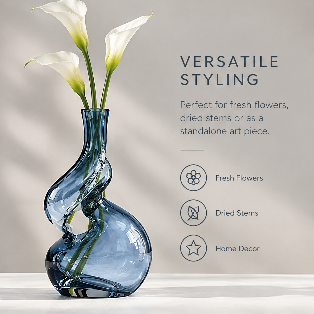 Unique twisted design overhead view of ocean blue glass knot vase showing the open loop spiral neck detail that elevates any space