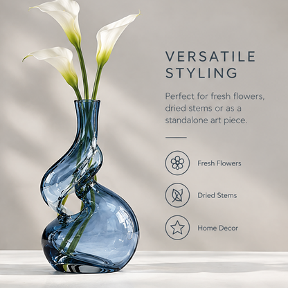 Unique twisted design overhead view of ocean blue glass knot vase showing the open loop spiral neck detail that elevates any space